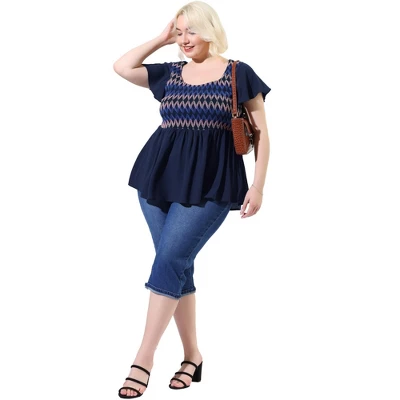 Agnes Orinda Women's Plus Size Tops Boho Flare Hem Short Sleeve Smocked Peplum Top 4 Agnes Orinda Women's Plus Size Tops Boho Flare Hem Short Sleeve Smocked Peplum Top - Image 2