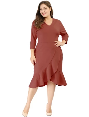 Agnes Orinda Women's Plus Size Cocktail V-neck Wrap Ruffled Midi Bodycon Dresses 10 Agnes Orinda Women's Plus Size Cocktail V-neck Wrap Ruffled Midi Bodycon Dresses - Image 8