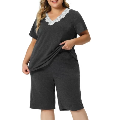 Agnes Orinda Women's Plus Size Short Sleeve V Neck Elastic Waist Pajamas Set 2 Pcs 3 Agnes Orinda Women's Plus Size Short Sleeve V Neck Elastic Waist Pajamas Set 2 Pcs