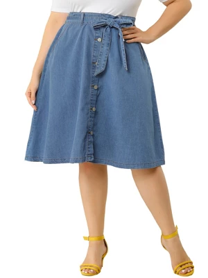 Agnes Orinda Women's Plus Size Denim Tie Waist Button Front A-Line Midi Skirts 5 Agnes Orinda Women's Plus Size Denim Tie Waist Button Front A-Line Midi Skirts - Image 3