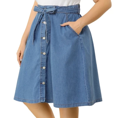 Agnes Orinda Women's Plus Size Denim Tie Waist Button Front A-Line Midi Skirts 8 Agnes Orinda Women's Plus Size Denim Tie Waist Button Front A-Line Midi Skirts - Image 6