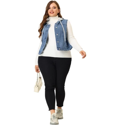 Agnes Orinda Women's Plus Size Button Down Drawstring Hood Denim Utility Jacket With Pocket 4 Agnes Orinda Women's Plus Size Button Down Drawstring Hood Denim Utility Jacket With Pocket - Image 2