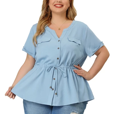 Agnes Orinda Women's Plus Size Drawstring Waist Button Down Chambray Blouse 8 Agnes Orinda Women's Plus Size Drawstring Waist Button Down Chambray Blouse - Image 6