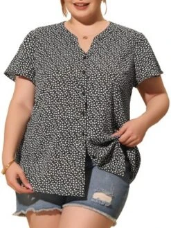 Agnes Orinda Women's Plus Size Floral Flare Short Sleeve Button Down Chiffon Shirt -Agnes Orinda GUEST e56aba86 5c09 460e 86b5 a60ff0545e09