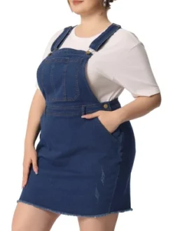 Agnes Orinda Women's Plus Size Fashion Ripped Hem Side Pocket Denim Suspender Mini Sundress
