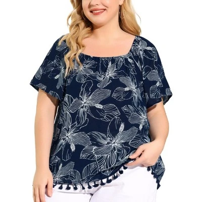 Agnes Orinda Women's Plus Size Blouse Floral Off Shoulder Tassel Hem Casual Top 3 Agnes Orinda Women's Plus Size Blouse Floral Off Shoulder Tassel Hem Casual Top