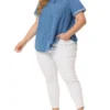 Agnes Orinda Plus Size Button Down Shirt For Women Denim Roll Sleeve Stand Collar Chambray Shirts Top