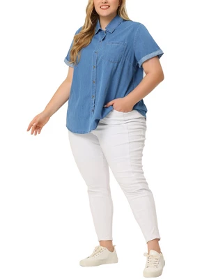 Agnes Orinda Plus Size Button Down Shirt For Women Denim Roll Sleeve Stand Collar Chambray Shirts Top 3 Agnes Orinda Plus Size Button Down Shirt For Women Denim Roll Sleeve Stand Collar Chambray Shirts Top