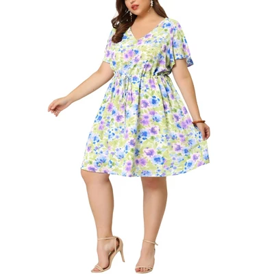Agnes Orinda Women's Plus Dresses Floral Drawstring Waist V Neck Dress 8 Agnes Orinda Women's Plus Dresses Floral Drawstring Waist V Neck Dress - Image 6