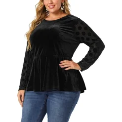 Agnes Orinda Plus Size Peplum Top For Women Polka Dots Sheer Puff Sleeve Velvet Top