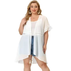Agnes Orinda Women's Plus Size Hollow Out Ruffle Short Sleeve Midi Spring Cardigans -Agnes Orinda GUEST e7877f9e c049 49d3 964f 5865415694af