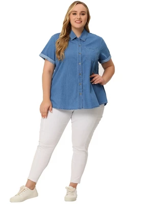 Agnes Orinda Plus Size Button Down Shirt For Women Denim Roll Sleeve Stand Collar Chambray Shirts Top 4 Agnes Orinda Plus Size Button Down Shirt For Women Denim Roll Sleeve Stand Collar Chambray Shirts Top - Image 2