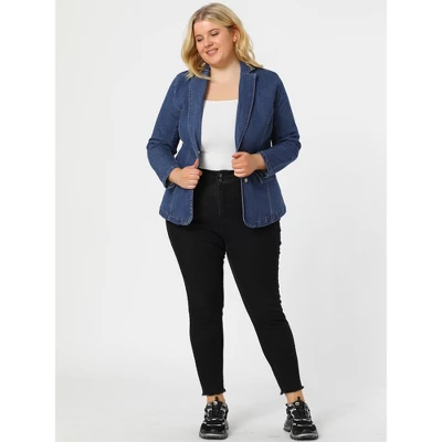 Agnes Orinda Women's Plus Size Denim Notched Lapel Color Block Stretch Blazer 3 Agnes Orinda Women's Plus Size Denim Notched Lapel Color Block Stretch Blazer