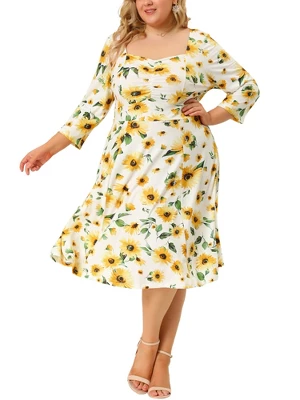 Agnes Orinda Women's Plus Size 3/4 Sleeve Sweetheart Neck Floral Midi Dress 3 Agnes Orinda Women's Plus Size 3/4 Sleeve Sweetheart Neck Floral Midi Dress
