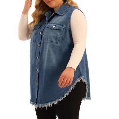 Agnes Orinda Women's Plus Size Button Up Frayed Hem Shacket Sleeveless Pockets Denim Vests 3 Agnes Orinda Women's Plus Size Button Up Frayed Hem Shacket Sleeveless Pockets Denim Vests