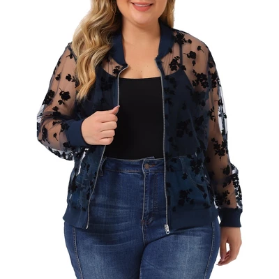 Agnes Orinda Women's Plus Size Bomber Mesh Sheer Floral Lace Long Sleeve Jackets 10 Agnes Orinda Women's Plus Size Bomber Mesh Sheer Floral Lace Long Sleeve Jackets - Image 8