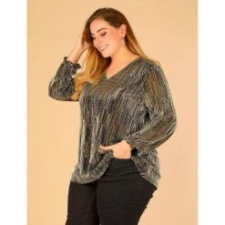 Agnes Orinda Women's Plus Size Glitter Sparkle V Neck Metallic Party Sequin Blouse -Agnes Orinda GUEST ea38a85f b3f9 4d3b b6a2 6fac6fb97b00