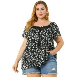 Agnes Orinda Women's Plus Size Floral Short Sleeve Square Tassel Tie Neck Peasant Tops -Agnes Orinda GUEST ea521922 e7bb 461d a59b 5e70999ba3ce