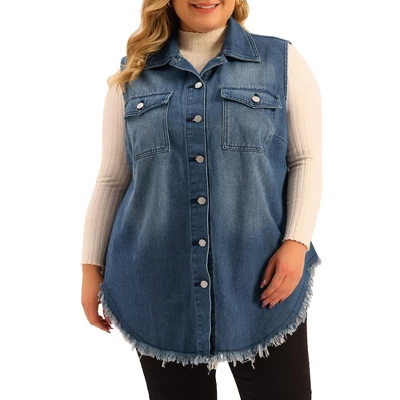 Agnes Orinda Women's Plus Size Button Up Frayed Hem Shacket Sleeveless Pockets Denim Vests 7 Agnes Orinda Women's Plus Size Button Up Frayed Hem Shacket Sleeveless Pockets Denim Vests - Image 5