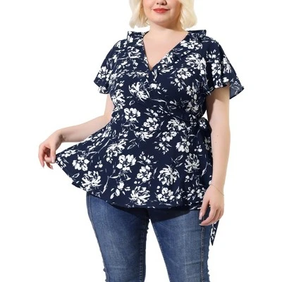 Agnes Orinda Women's Plus Size Ruffle Neck Floral Wrap Tie Waist Blouse 9 Agnes Orinda Women's Plus Size Ruffle Neck Floral Wrap Tie Waist Blouse - Image 7