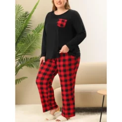 Agnes Orinda Women's Plus Size Check Stretch Glen Plaid Sleepwear Plaid Pjs Pajamas Sets