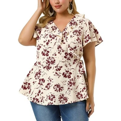 Agnes Orinda Women's Plus Size Ruffle Neck Floral Wrap Tie Waist Blouse 3 Agnes Orinda Women's Plus Size Ruffle Neck Floral Wrap Tie Waist Blouse