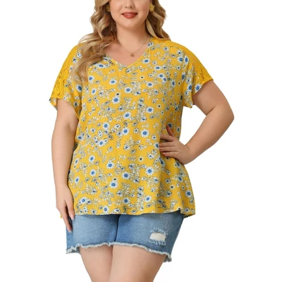 Agnes Orinda Women's Plus Size Lace Panel Short Sleeves V Neck Floral Blouses 3 Agnes Orinda Women's Plus Size Lace Panel Short Sleeves V Neck Floral Blouses
