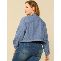 Agnes Orinda Women's Plus Size Long Sleeves Button Down Crew Neck Short Denim Jacket -Agnes Orinda GUEST ee815179 1e5a 4436 930f 4deb52f9d5e2