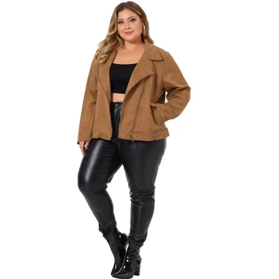 Agnes Orinda Women's Plus Size Faux Suede Lapel Collar Long Sleeve Zipper Moto Jacket 4 Agnes Orinda Women's Plus Size Faux Suede Lapel Collar Long Sleeve Zipper Moto Jacket - Image 2