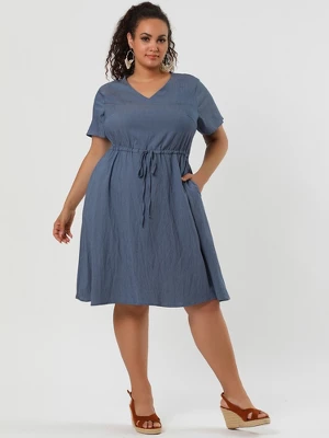 Agnes Orinda Women's Plus Size Tie Waist Short Sleeve Chambray Shirtdress 4 Agnes Orinda Women's Plus Size Tie Waist Short Sleeve Chambray Shirtdress - Image 2
