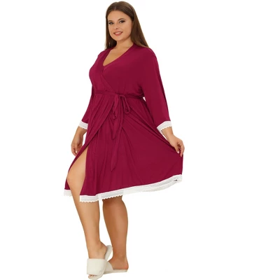 Agnes Orinda Women's Plus Size Solid Wrap Tie Belt Waist Lace Trim 3/4 Sleeve Pajama Robes 4 Agnes Orinda Women's Plus Size Solid Wrap Tie Belt Waist Lace Trim 3/4 Sleeve Pajama Robes - Image 2