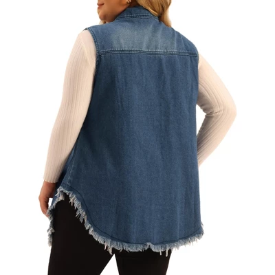 Agnes Orinda Women's Plus Size Button Up Frayed Hem Shacket Sleeveless Pockets Denim Vests 5 Agnes Orinda Women's Plus Size Button Up Frayed Hem Shacket Sleeveless Pockets Denim Vests - Image 3