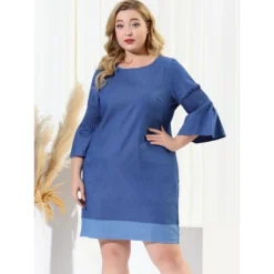 Agnes Orinda Women's Plus Size Puff Sleeve Chambray Shift Dress -Agnes Orinda GUEST f2aaad7e 7b28 4df7 a9c9 3f9788b8bfcd