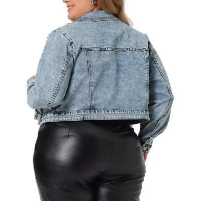 Agnes Orinda Women's Plus Size Retro Denim Notched Lapel Long Sleeve Classic Washed Crop Jean Jacket 5 Agnes Orinda Women's Plus Size Retro Denim Notched Lapel Long Sleeve Classic Washed Crop Jean Jacket - Image 3