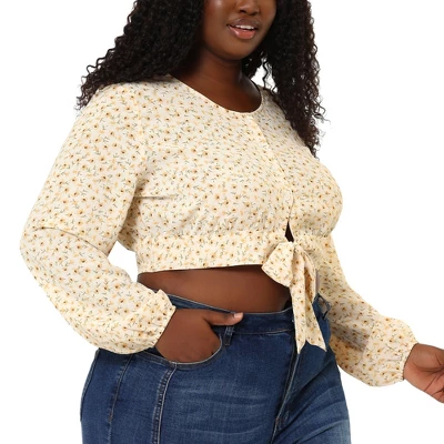 Agnes Orinda Women's Plus Size Crop Tops Floral Tie Waist Puff Sleeve Blouse 8 Agnes Orinda Women's Plus Size Crop Tops Floral Tie Waist Puff Sleeve Blouse - Image 6