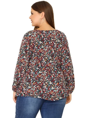 Agnes Orinda Women's Plus Size V Neck Button Up Ruffle Floral Long Sleeve Tunic Peplum Blouse 5 Agnes Orinda Women's Plus Size V Neck Button Up Ruffle Floral Long Sleeve Tunic Peplum Blouse - Image 3