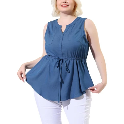 Agnes Orinda Women's Plus Size Shirts Denim V Neck Drawstring Waist Sleeveless Chambray Tops 8 Agnes Orinda Women's Plus Size Shirts Denim V Neck Drawstring Waist Sleeveless Chambray Tops - Image 6