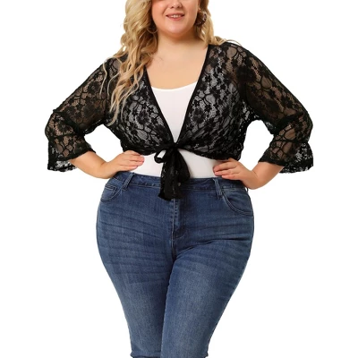 Agnes Orinda Women's Plus Size Tie Front Lace Hollow Out Crop Shrug 9 Agnes Orinda Women's Plus Size Tie Front Lace Hollow Out Crop Shrug - Image 7