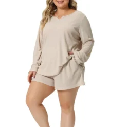 Agnes Orinda Women's Plus Size Waffle Long Sleeve Comfortable 2 Pieces Pajama Sets