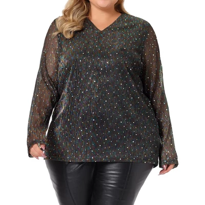 Agnes Orinda Women's Plus Size Rhinestone Glitter Sheer Long Sleeve V Neck Blouse 8 Agnes Orinda Women's Plus Size Rhinestone Glitter Sheer Long Sleeve V Neck Blouse - Image 6