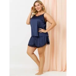 Agnes Orinda Women's Plus Size Lace Panel Elastic Waist Camisole Pajama Set