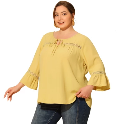Agnes Orinda Women's Plus Size Holiday 3/4 Flare Sleeve Peasant Keyhole Tie Boho Blouse 4 Agnes Orinda Women's Plus Size Holiday 3/4 Flare Sleeve Peasant Keyhole Tie Boho Blouse - Image 2