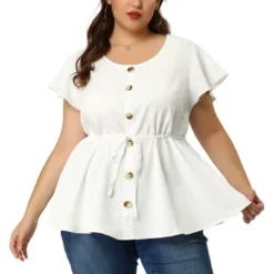 Agnes Orinda Women's Plus Size Blouse Round Neck Button Decor Drawstring Elastic Back Bell Sleeve Summer Tops