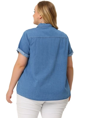 Agnes Orinda Plus Size Button Down Shirt For Women Denim Roll Sleeve Stand Collar Chambray Shirts Top 5 Agnes Orinda Plus Size Button Down Shirt For Women Denim Roll Sleeve Stand Collar Chambray Shirts Top - Image 3