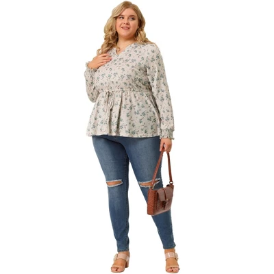 Agnes Orinda Women's Plus Size Floral Ruffle Neck Drawstring Waist Long Sleeve Peplum Tops 4 Agnes Orinda Women's Plus Size Floral Ruffle Neck Drawstring Waist Long Sleeve Peplum Tops - Image 2