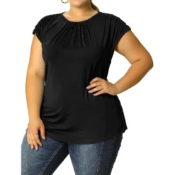 Agnes Orinda Women's Plus Size Round Neck Ruched Short Sleeve Summer Casual Blouses -Agnes Orinda GUEST fff02059 58f7 4773 9c7f f1400e4b9de4